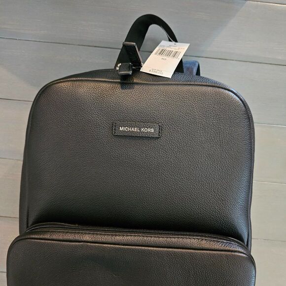 Michael Kors Men’s Black Front Zippers Pocket Leather Travel Backpack - Picture 11 of 16